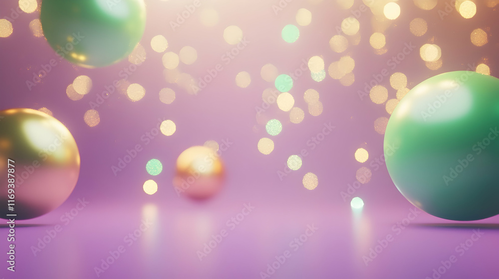 Poster indoor abstract background with floating gold and green bokeh lights over a smooth purple gradient c