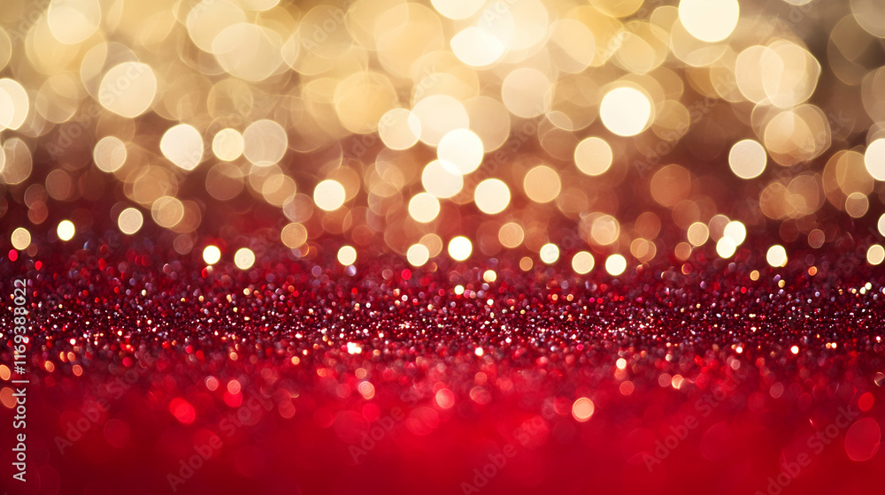 Poster indoor abstract bokeh background with shimmering golden particles over deep red and navy tones, crea
