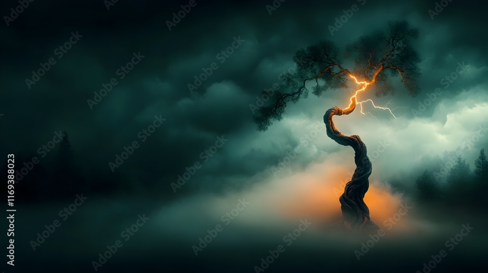 Poster Dramatic surreal lightning bolt slicing through the storm swept sky dramatically illuminating the twisted gnarled trunk of a towering ancient tree in a mist shrouded moody forest setting with a dark