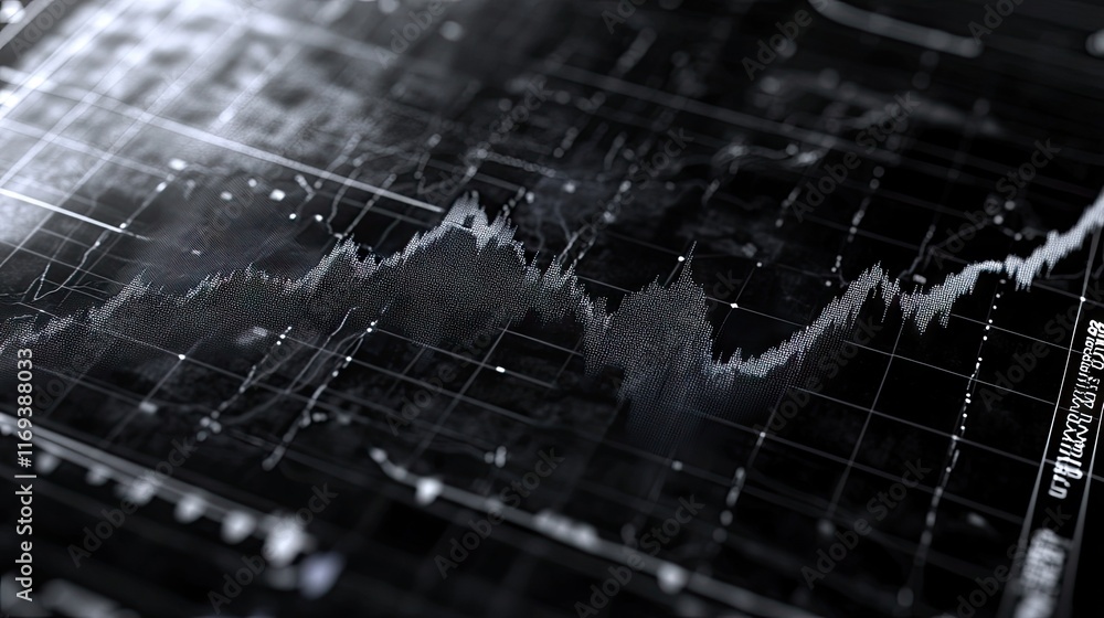 Poster a dynamic stock market chart visualization with intricate details in monochrome. ideal for financial