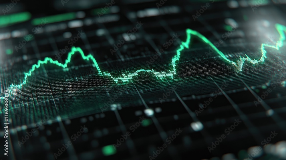 Poster a dynamic green stock market graph displayed on a digital screen. ideal for financial analysis and m