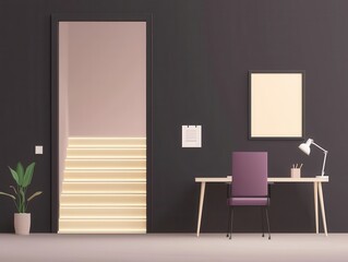 Modern workspace with stylish door and illuminated staircase.