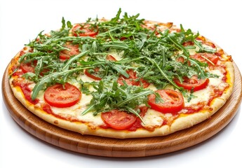 Freshly Baked Pizza with Tomato and Arugula on a Wooden Serving Board, Showcase of Italian Cuisine with Vibrant Colors and Appetizing Toppings