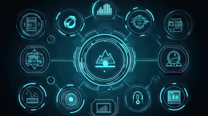 Futuristic HUD interface with data analysis and management tools. Ideal for software, games, or sci-fi projects visualizing complex information and user interactions.