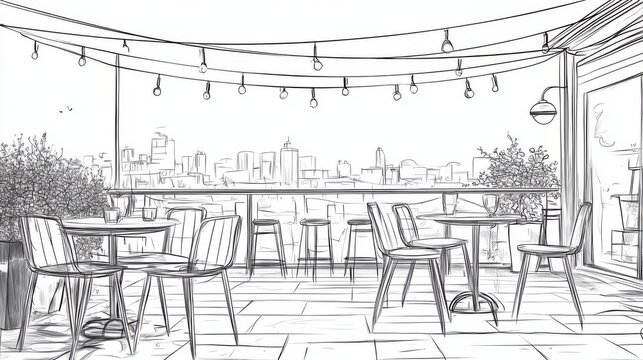 Rooftop patio sketch with city view, tables, chairs, and string lights.