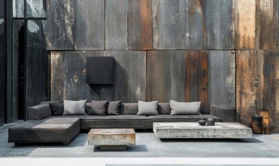 Modern outdoor sectional sofa, textured wall, concrete tables.