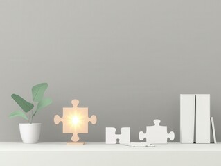 Stylish decor arrangement with puzzle lamp and greenery.