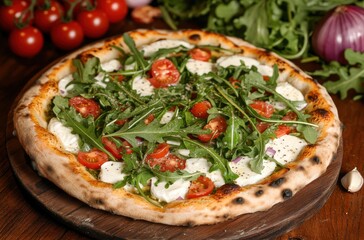 Freshly Baked Pizza with Tomatoes, Arugula, and Fresh Cheese Topped with Herbs Served on Wooden Board with Ingredients in Background