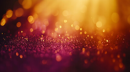 Obraz premium Radiant golden and magenta bokeh lights indoors with shimmering particles over a muted yellowish gradient
