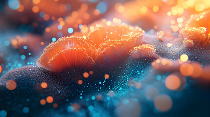Radiant golden and blue bokeh lights glowing softly indoors on a smooth coral and aqua gradient canvas