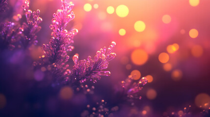 Radiant golden and purple bokeh lights glowing softly indoors on a muted coral background