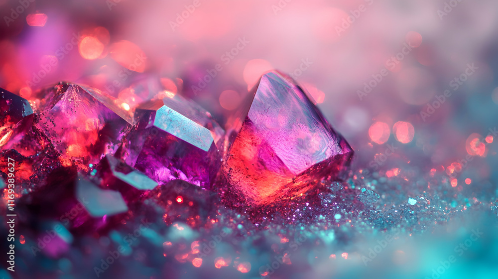 Poster radiant purple and red bokeh sparkles, glowing softly indoors with shimmering particle effects on a 