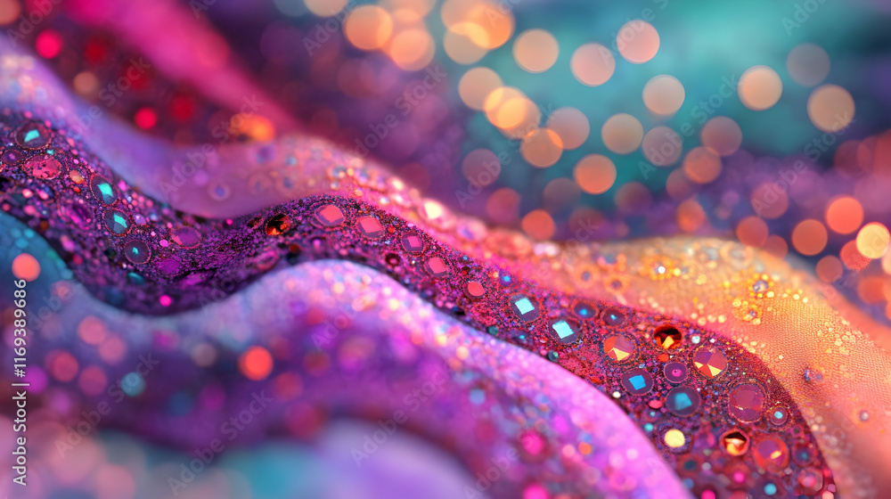 Poster radiant purple and red bokeh sparkles, glowing softly indoors with shimmering particle effects on a 
