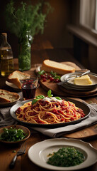 A beautifully served plate of spaghetti surrounded by fresh basil, tomatoes, and cheese. Ideal for showcasing Italian cuisine, dining concepts, and traditional pasta dishes in an artistic style.

