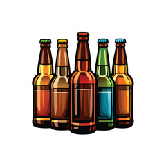 A cartoon illustration of five beer bottles in various colors.