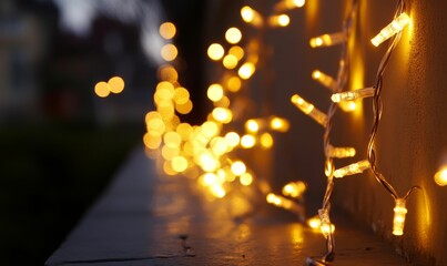 Warm string lights illuminate a wall at night.