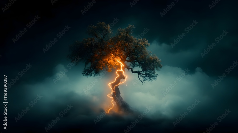Poster Mighty Oak s Electrifying Embrace A Dramatic Display of Nature s Sublime Force with a Towering Ancient Tree Illuminated by a Powerful Lightning Strike in a Moody