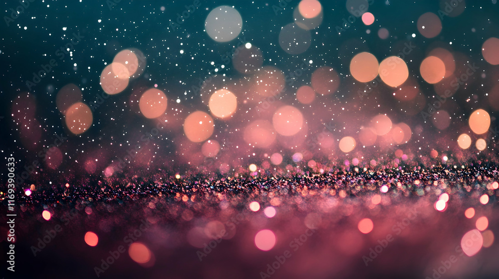Poster shimmering particles complementing soft red and purple bokeh indoors on a smooth deep teal gradient