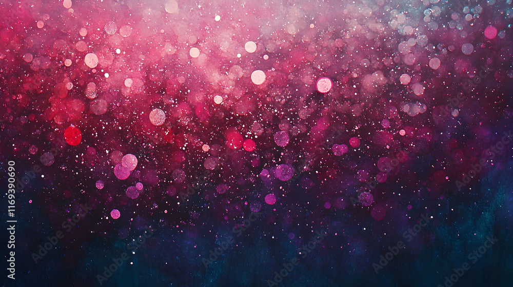 Poster shimmering particles complementing soft red and purple bokeh indoors on a smooth deep teal gradient