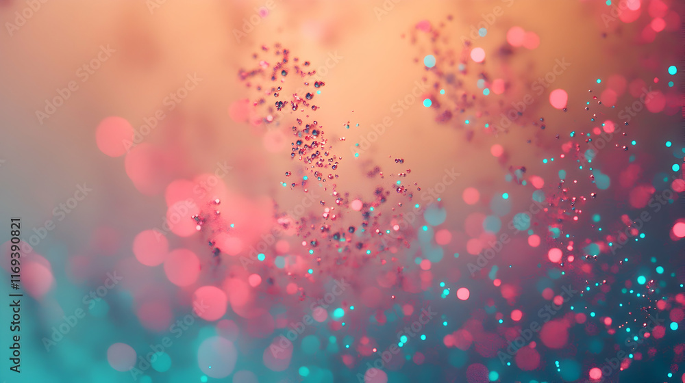 Poster soft glowing particles complementing magenta and turquoise bokeh indoors over a light yellowish grad
