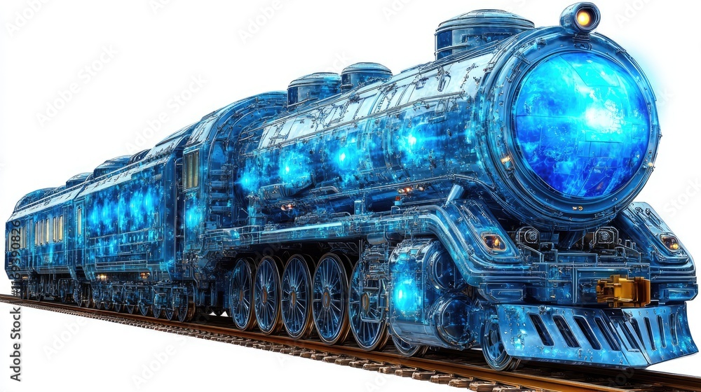 Poster a futuristic transparent blue train with visible internal workings. ideal for visualizing advanced t