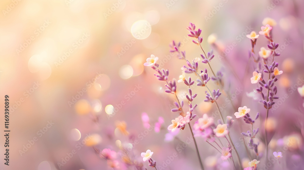 Poster soft pastel-toned bokeh with subtle sparkling effects, blending yellow and lavender indoors on a blu