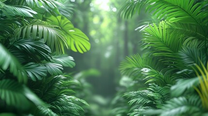 Fototapeta premium Lush Green Tropical Rainforest Canopy with Vibrant Leaves and Soft Sunlight Filtering Through Dense Foliage Creating a Serene and Peaceful Atmosphere