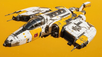 A rugged white and yellow spacecraft with dual engines and a compact design. Ideal for bounty hunting or quick reconnaissance missions.