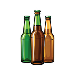 Three beer bottles, one green, one brown, one orange.