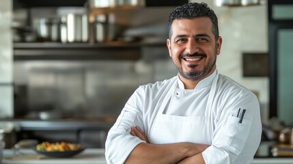 Fototapeta premium Smiling chef in white uniform, arms crossed, kitchen background.