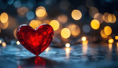 Obraz premium A shiny red heart-shaped object rests on a dark surface, surrounded by soft bokeh lights creating a romantic atmosphere Generative AI