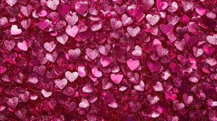Fototapeta premium Pink background with glitter hearts for valentine's day. Beautiful wrapping paper or background for a postcard. Place for text, banner for website