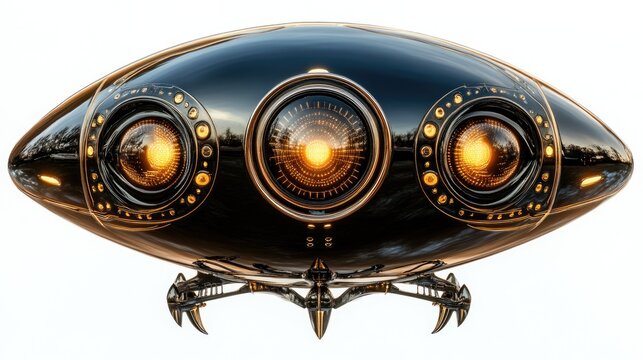A sleek black and gold futuristic spacecraft or drone with glowing orange lights. Ideal for sci-fi games or films as an enemy ship or surveillance drone.