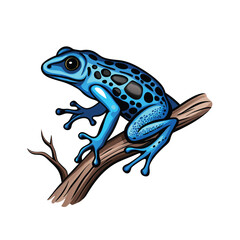 Create a detailed vector illustration of a blue and black poison dart frog sitting on a branch.