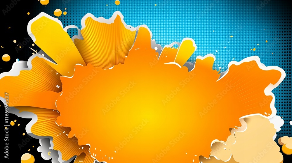 Poster vibrant orange and yellow paint splatter design element against a blue background. perfect for addin