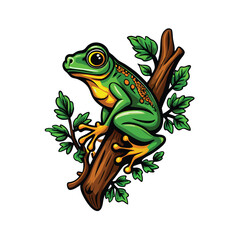 Create a detailed vector illustration of a green frog climbing up a tree branch with leaves.
