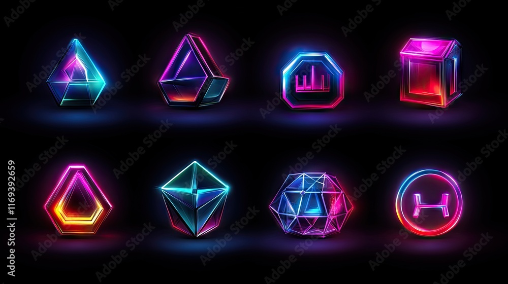 Poster neon glowing geometric shapes and symbols with vibrant colors ideal for game ui elements futuristic 