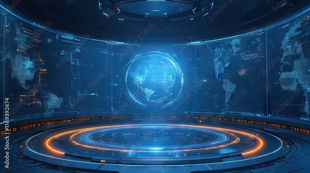 Poster futuristic command center with holographic world map display. ideal for sci-fi games, movies, or dat