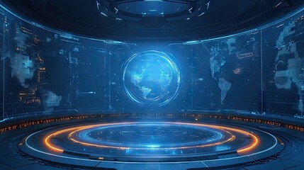 Futuristic command center with holographic world map display. Ideal for sci-fi games, movies, or data visualization projects.