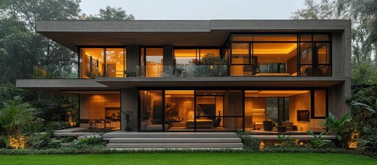 Modern two-story house with large windows and warm interior lighting at night.