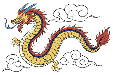 Fototapeta premium Chinese dragon, mythical creature, colorful, vibrant, serpentine body, golden scales, blue spines, red flames, fierce expression, animated style, floating clouds, white background, traditional Asian a