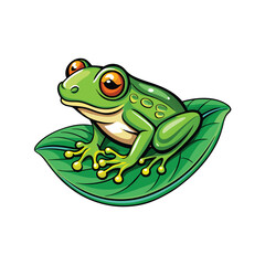 Generate a detailed vector illustration of a green tree frog sitting on a green leaf.