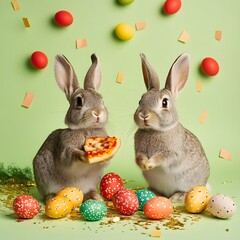 Easter bunny eat Italian pizza with cheese and tomato and  red and yellow  eggs with festive decoration 