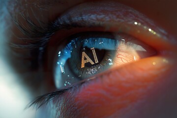 Naklejka premium Close-up of human eye with AI text. Artificial intelligence concept.