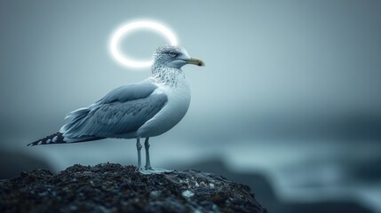 Fototapeta premium A lone seagull perches atop a rugged coastal rock formation surrounded by a moody atmospheric landscape of mist fog and gentle ocean waves