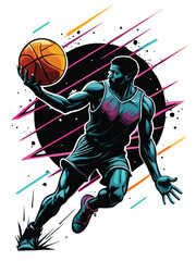 A silhouette of a basketball player dunking a basketball in a vibrant, energetic style with bold lines and colors. © makyas