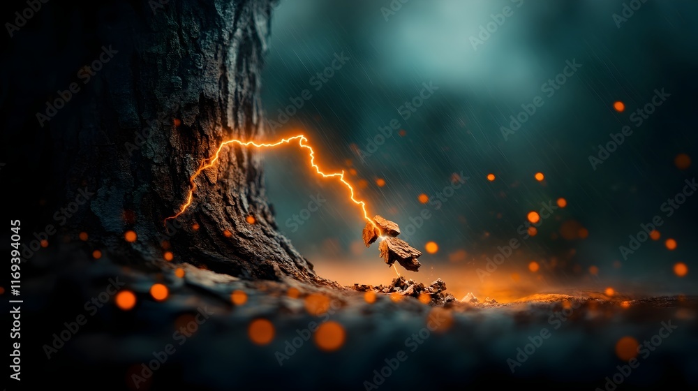 Poster intense cinematic close up of a lightning bolt cracking and splintering the ancient weathered bark o