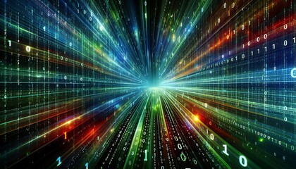Obraz premium Flowing stream of green and yellow binary code on a dark background, symbolising data transfer and technology.