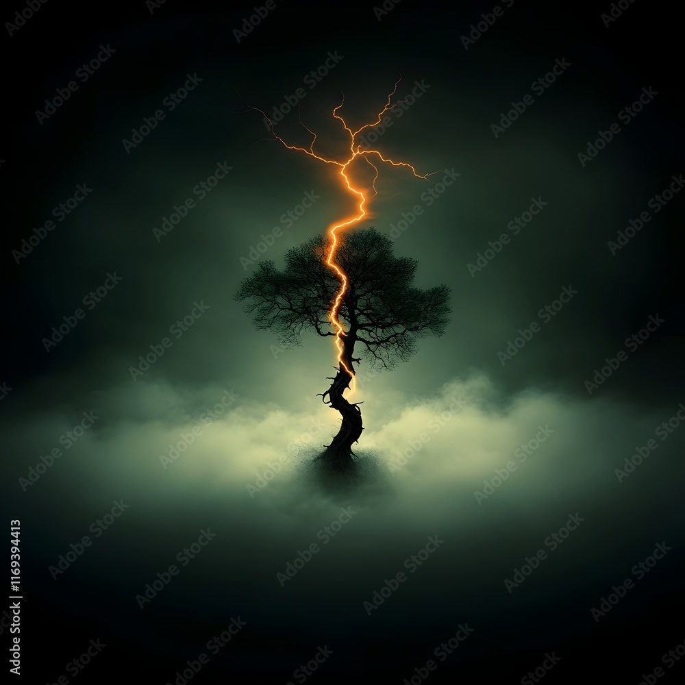 Poster dramatic otherworldly lightning bolt violently streaking through the brooding tempestuous skies dram