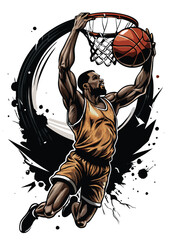 A dynamic basketball player dunking with full intensity and an abstract black and white background. © makyas